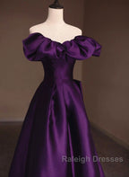 Purple Satin A-Line Off Shoulder Long Evening Dress, Purple Satin Prom Dress