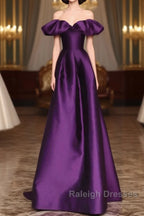 Purple Satin A-Line Off Shoulder Long Evening Dress, Purple Satin Prom Dress