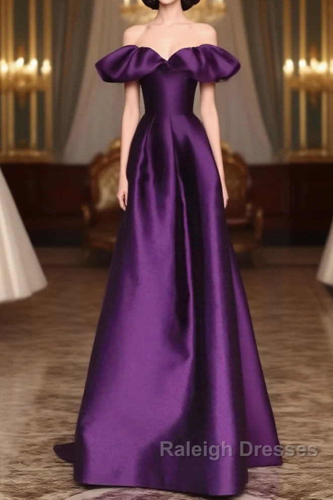 Purple Satin A-Line Off Shoulder Long Evening Dress, Purple Satin Prom Dress