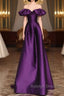 Purple Satin A-Line Off Shoulder Long Evening Dress, Purple Satin Prom Dress