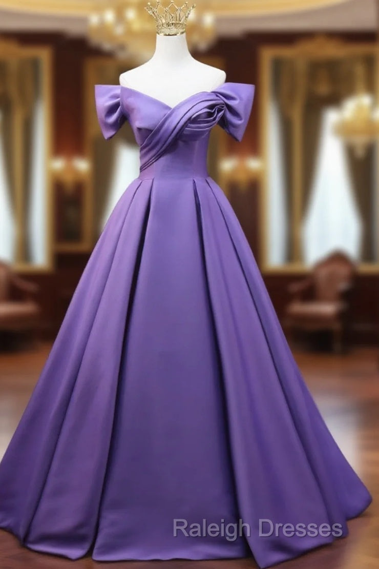 Purple Satin A-Line Off Shoulder Long Party Dress, Purple Evening Dress Prom Dress Main image
