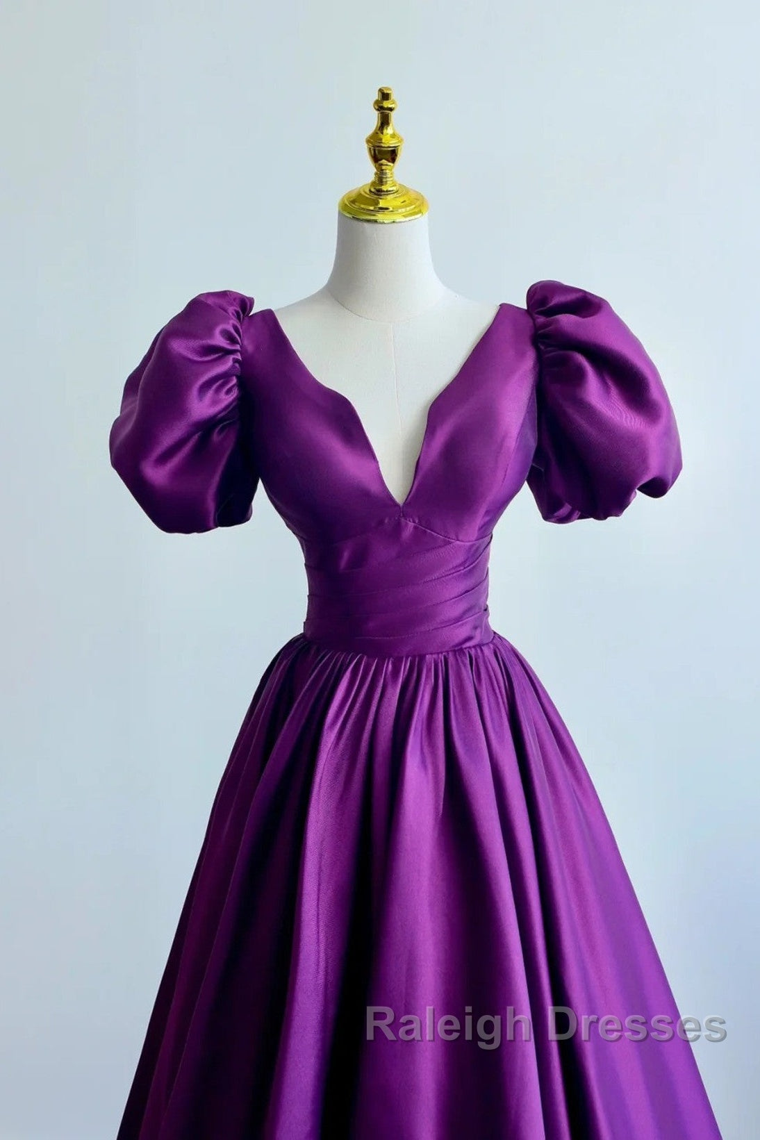 Purple Satin A-Line Short Sleeves Long Prom Dresses Purple Prom Dresseses
