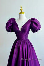 Purple Satin A-Line Short Sleeves Long Formal Dress, Purple Evening Dress Prom Dress