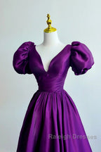 Purple Satin A-Line Short Sleeves Long Prom Dresses Purple Prom Dresseses
