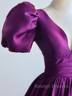 Purple Satin A-Line Short Sleeves Long Prom Dresses Purple Prom Dresseses