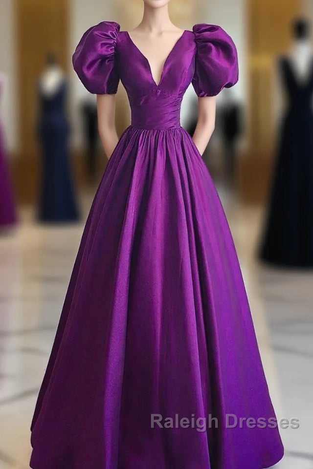 Purple Satin A-Line Short Sleeves Long Formal Dress, Purple Evening Dress Prom Dress Main image