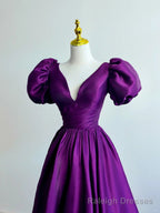 Purple Satin A Line Short Sleeves Long Formal Dress, Purple Prom Dress