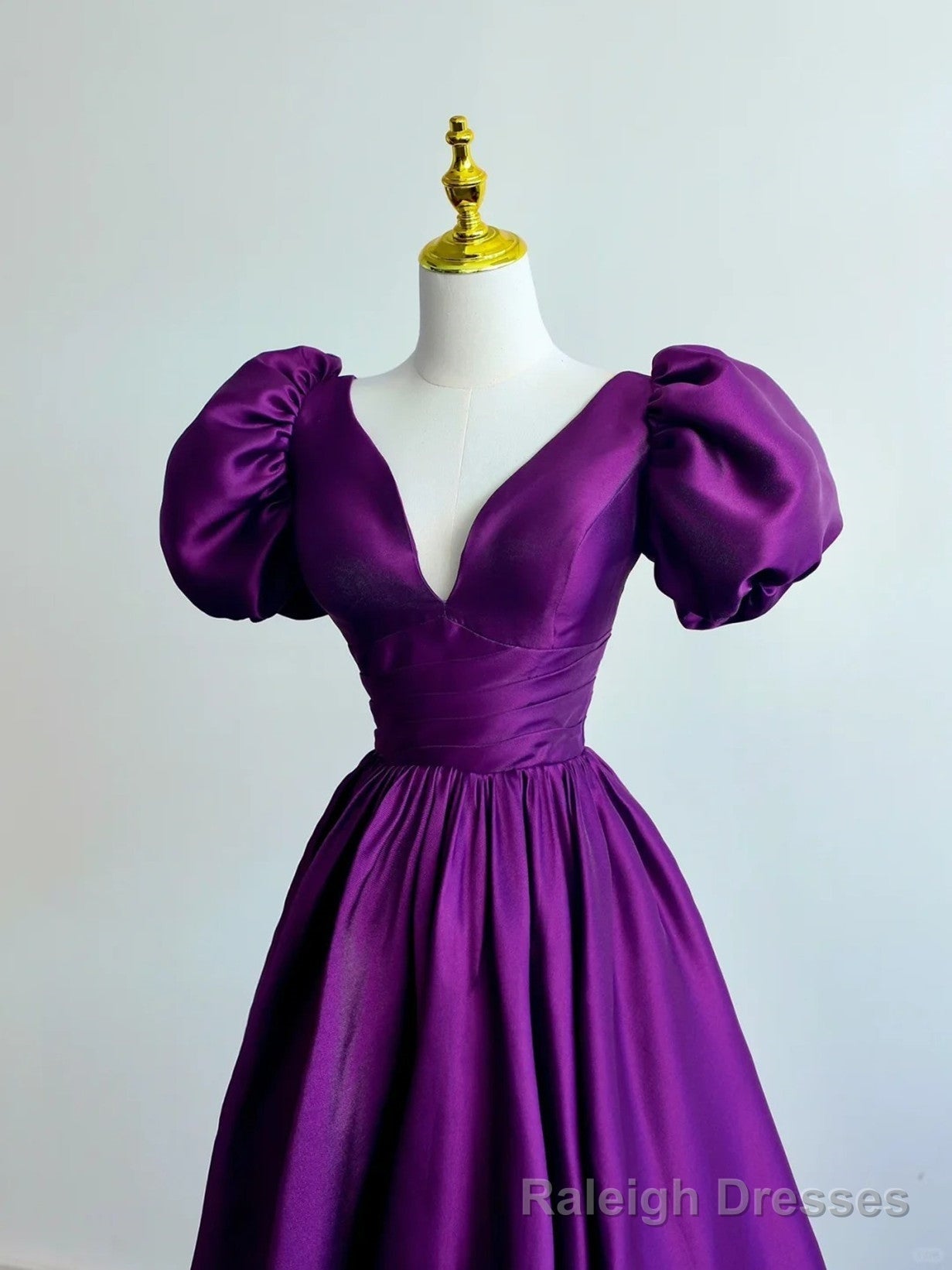 Purple Satin A Line Short Sleeves Long Formal Dress, Purple Prom Dress