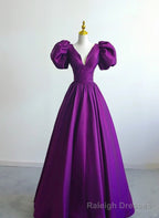 Purple Satin A-line Short Sleeves Long Formal Dress, Purple  Prom Dress