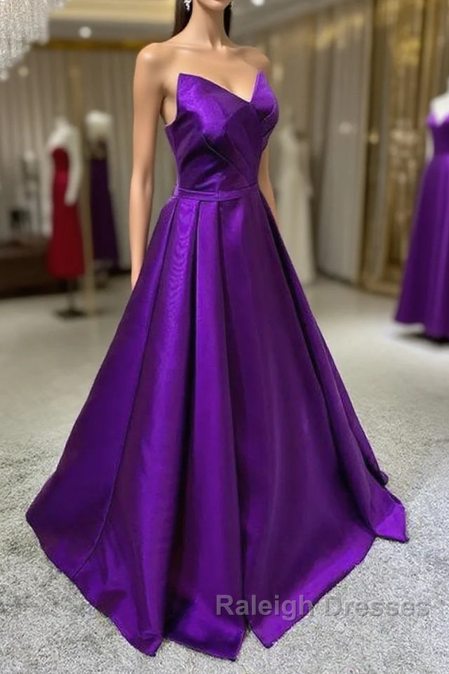 Purple Satin A Line Simple Floor Length Prom Dresseses Dark Purple Prom Dress Main image