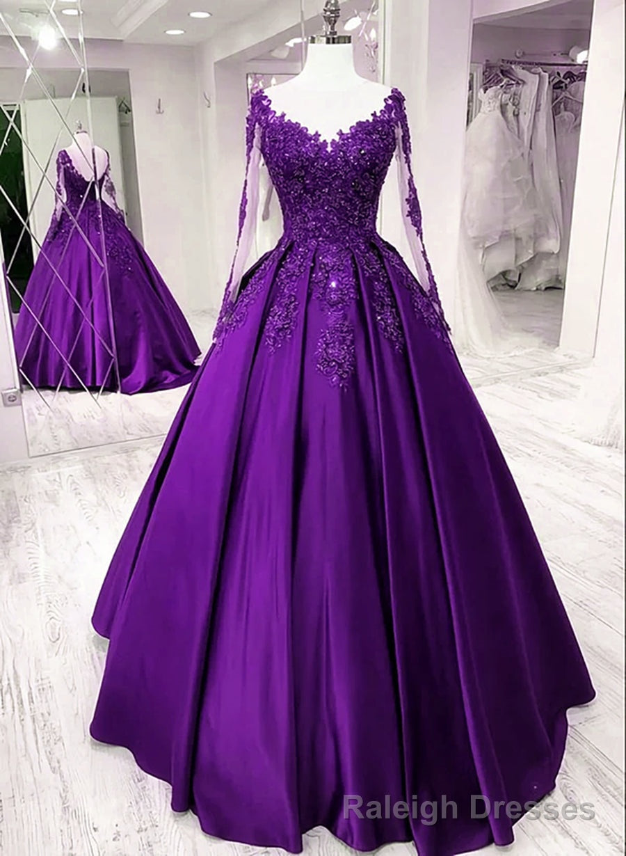 Purple Satin Long Sleeves with Lace Applique Prom Dress, A Line Sweet 16 Dress Main image
