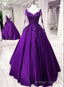Purple Satin Long Sleeves with Lace Applique Prom Dress, A Line Sweet 16 Dress