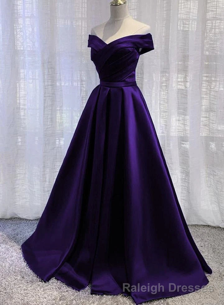 Purple Satin Off Shoulder Long Prom Dress, A Line Simple Purple Formal Dress Main image