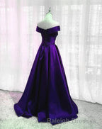 Purple Satin Off Shoulder Long Prom Dresses A Line Simple Women Prom Dress