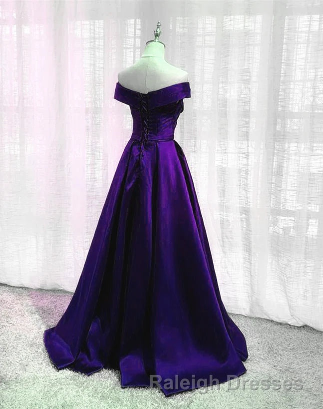 Purple Satin Off Shoulder Long Prom Dresses A Line Simple Women Prom Dress