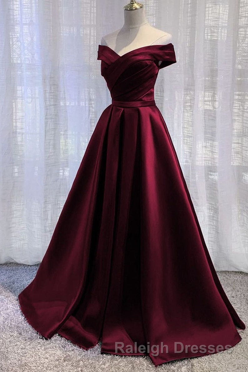 Purple Satin Off Shoulder Long Prom Dresses A Line Simple Women Prom Dress