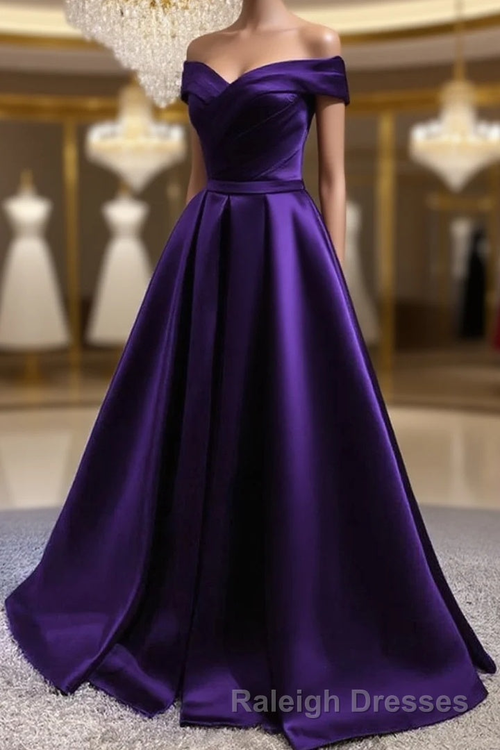Purple Satin Off Shoulder Long Prom Dress,A-line Simple Women Formal Dresses Main image