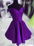 Purple Satin Off Shoulder Short Cute Homecoming Dress, Purple Prom Dress Party Dress