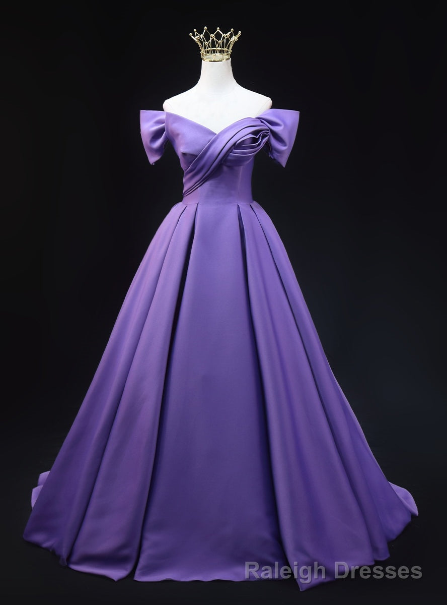 Purple Satin Off the Shoulder Pleats Prom Dress