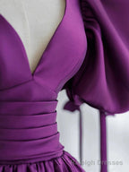 Purple Satin Puffy Sleeves Long Prom Dress, Dark Purple Prom Dress