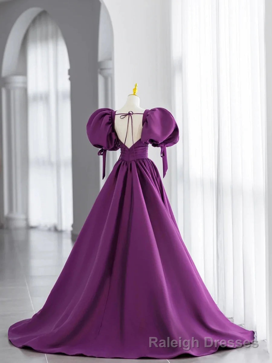 Purple Satin Puffy Sleeves Long Prom Dress, Dark Purple Prom Dress