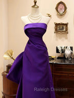 Purple Satin Scoop A-Line Floor Length Party Dress, Purple Satin Long Prom Dress With Bow