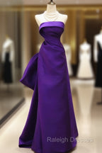 Purple Satin Scoop A-Line Floor Length Party Dress, Purple Satin Long Prom Dress With Bow