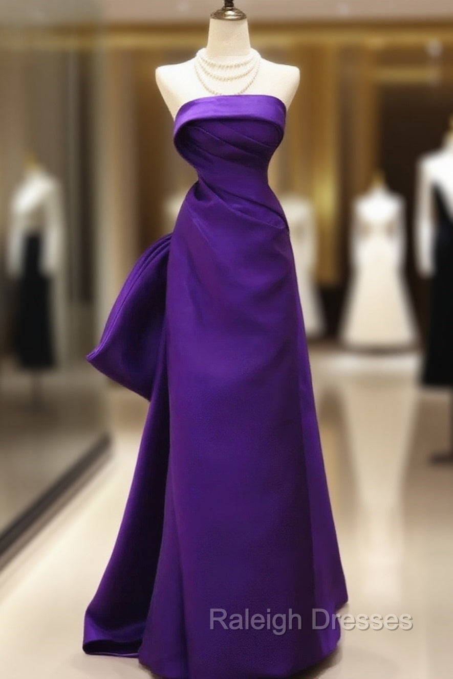 Purple Satin Scoop A-Line Floor Length Party Dress, Purple Satin Long Prom Dress With Bow