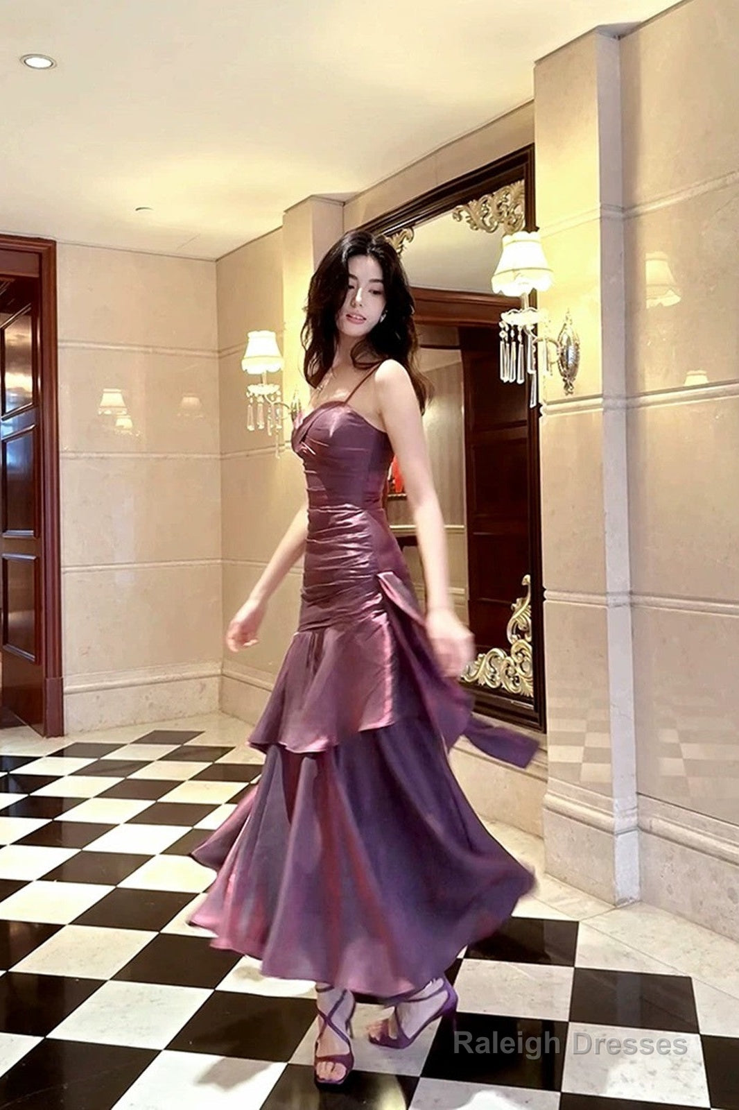 Purple Satin Straps Mermaid Long Prom Dresses Purple Prom Dresseses
