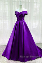 Purple Satin Sweetheart Long Party Dress Prom Dress, Off Shoulder Purple Evening Dress