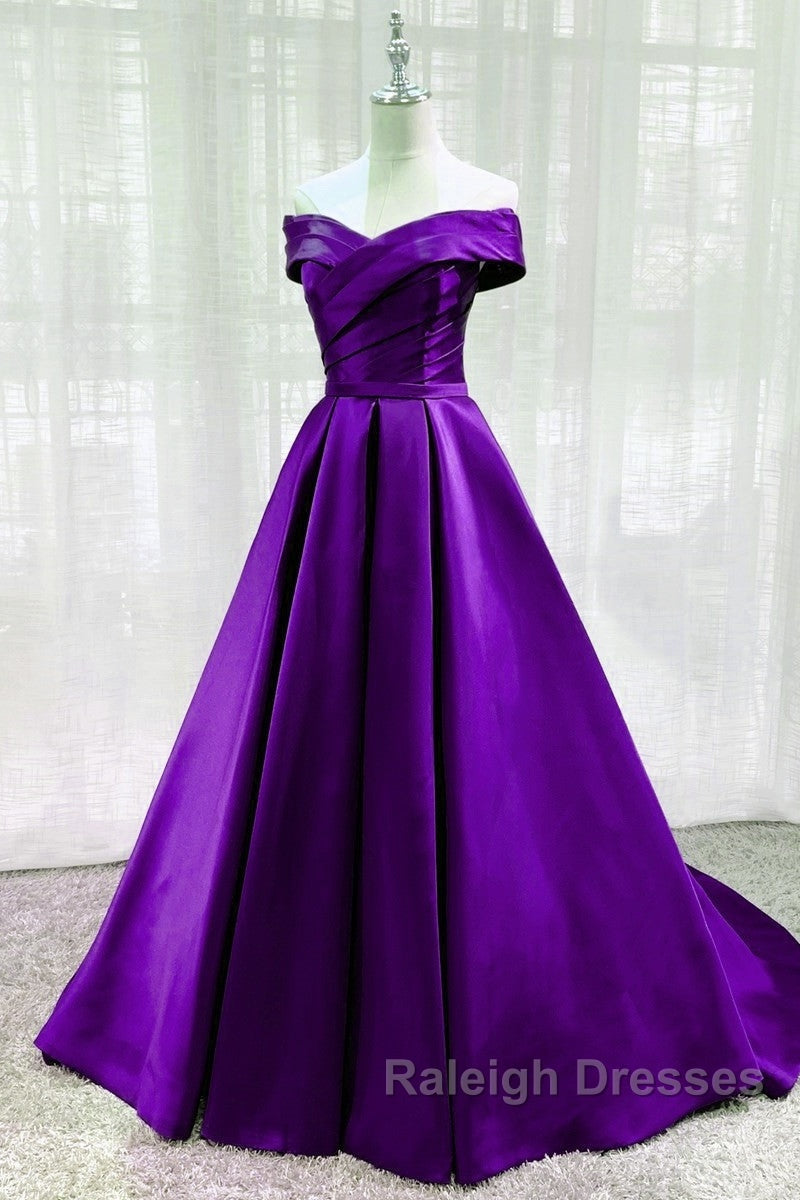 Purple Satin Sweetheart Long Party Dress Prom Dress, Off Shoulder Purple Evening Dress