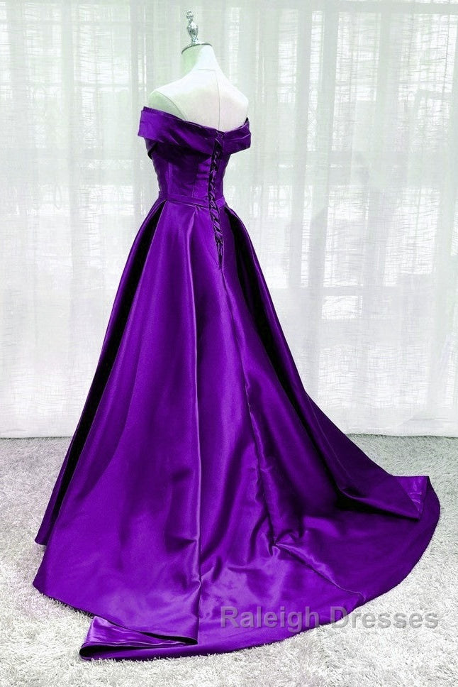 Purple Satin Sweetheart Long Party Dress Prom Dress, Off Shoulder Purple Evening Dress