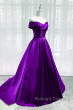 Purple Satin Sweetheart Long Party Dress Prom Dress, Off Shoulder Purple Evening Dress
