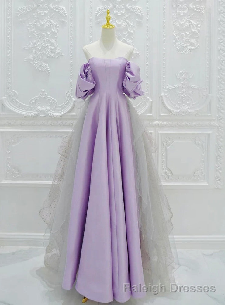 Purple Satin Tulle Off the Shoulder Prom Dress Main image