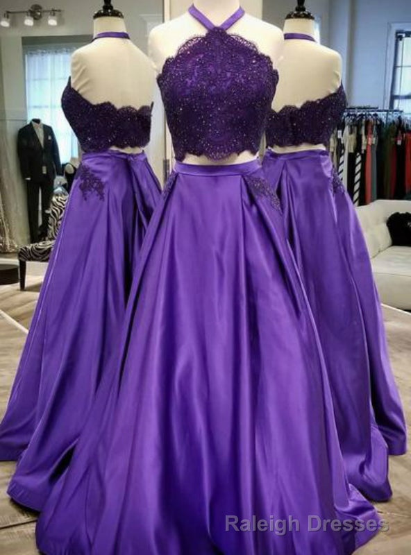 Purple Satin Two Piece Halter Backless Lace Prom Dress With Pocket Main image