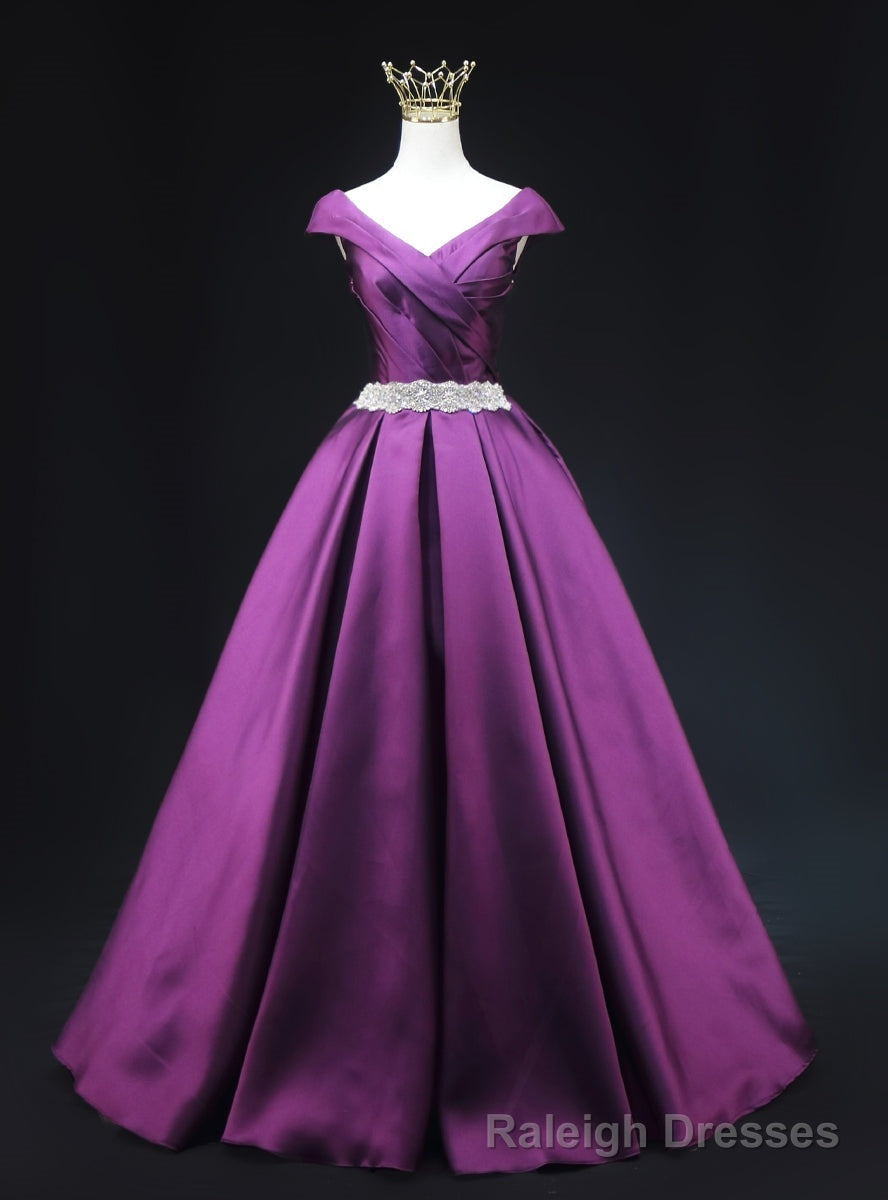 Purple Satin V-neck Pleats Beading Prom Dress