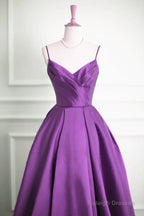 Purple Satin V-Neckline Straps Long Prom Dress, Purple Evening Dress Formal Dress