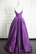 Purple Satin V-Neckline Straps Long Prom Dress, Purple Evening Dress Formal Dress