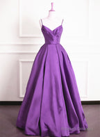 Purple Satin V-Neckline Straps Long Prom Dress, Purple Evening Dress Formal Dress
