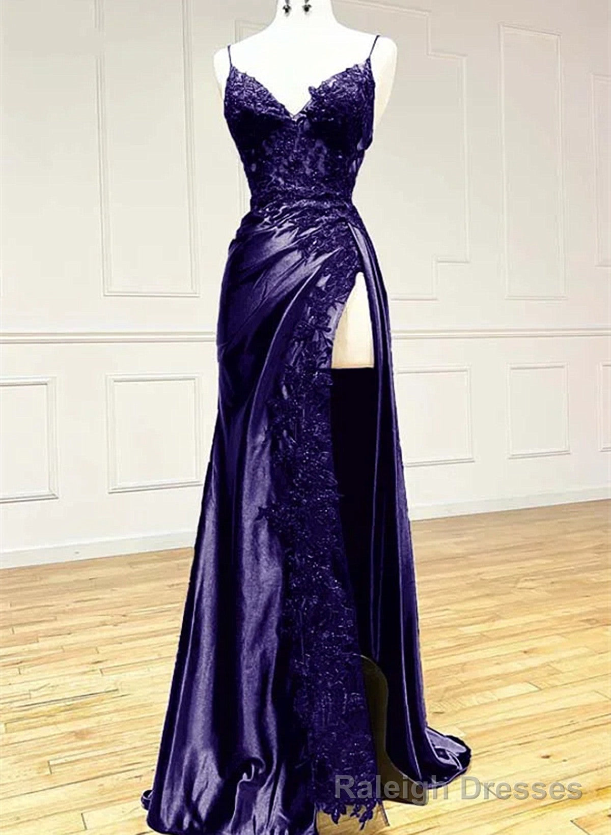Purple Satin with Lace V-neckline Straps Long Party Dress, Black Prom Dress Main image