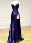 Purple Satin with Lace V-neckline Straps Long Party Dress, Black Prom Dress