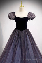 Purple Scoop Tulle Long A-Line Prom Dress, Lovely Short Sleeve Evening Dress