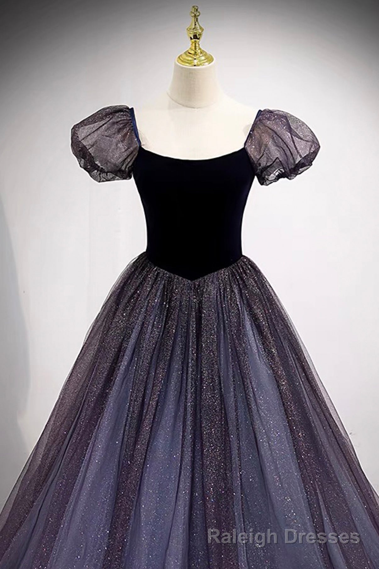 Purple Scoop Tulle Long A Line Prom Dress, Lovely Short Sleeve Prom Dress Secondary image