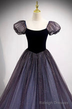 Purple Scoop Tulle Long A Line Prom Dress, Lovely Short Sleeve Prom Dress