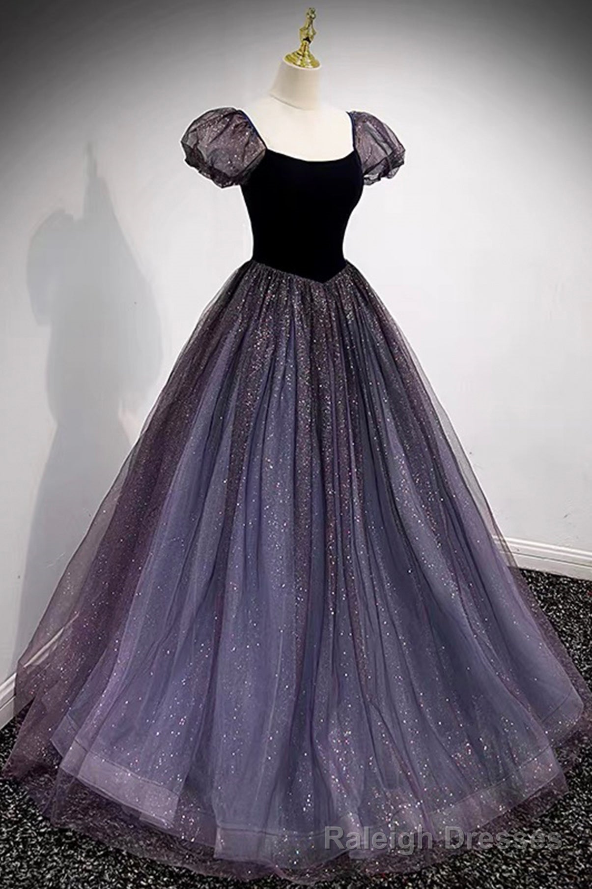 Purple Scoop Tulle Long A Line Prom Dress, Lovely Short Sleeve Prom Dress Main image