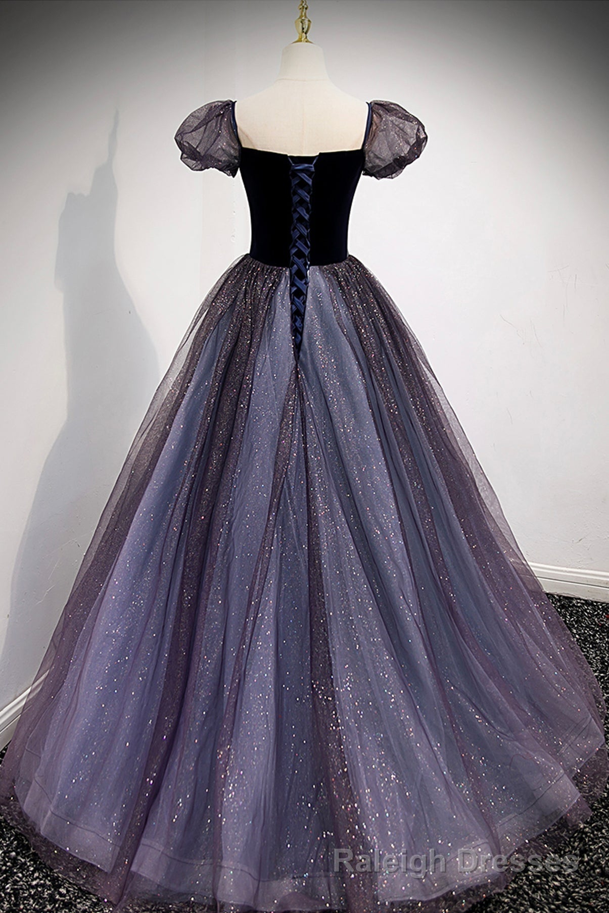 Purple Scoop Tulle Long A Line Prom Dress, Lovely Short Sleeve Prom Dress
