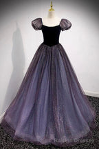 Purple Scoop Tulle Long A Line Prom Dress, Lovely Short Sleeve Prom Dress