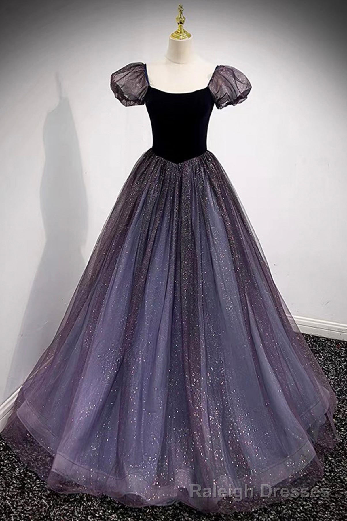 Purple Scoop Tulle Long A Line Prom Dress, Lovely Short Sleeve Prom Dress