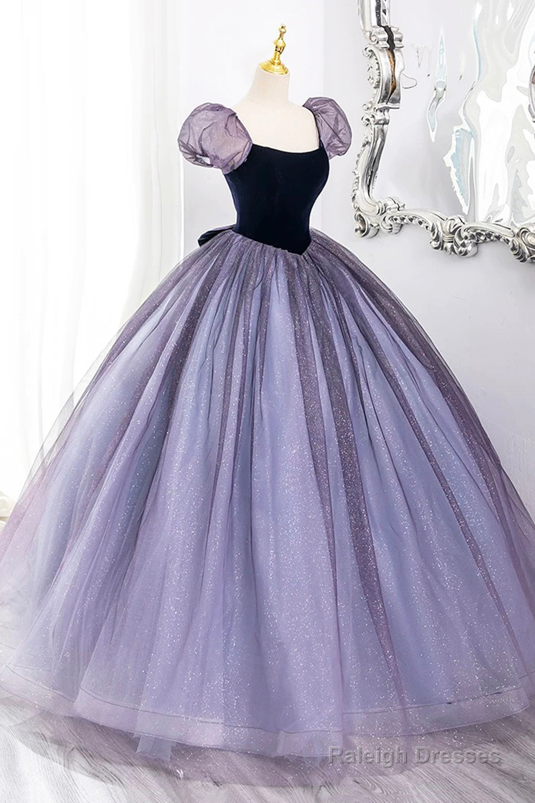 Purple Scoop Velvet And Tulle Long A-Line Prom Dress, Lovely Short Sleeve Evening Dress