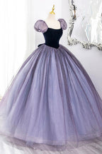 Purple Scoop Velvet And Tulle Long A-Line Prom Dresses Lovely Short Sleeve Prom Dresses